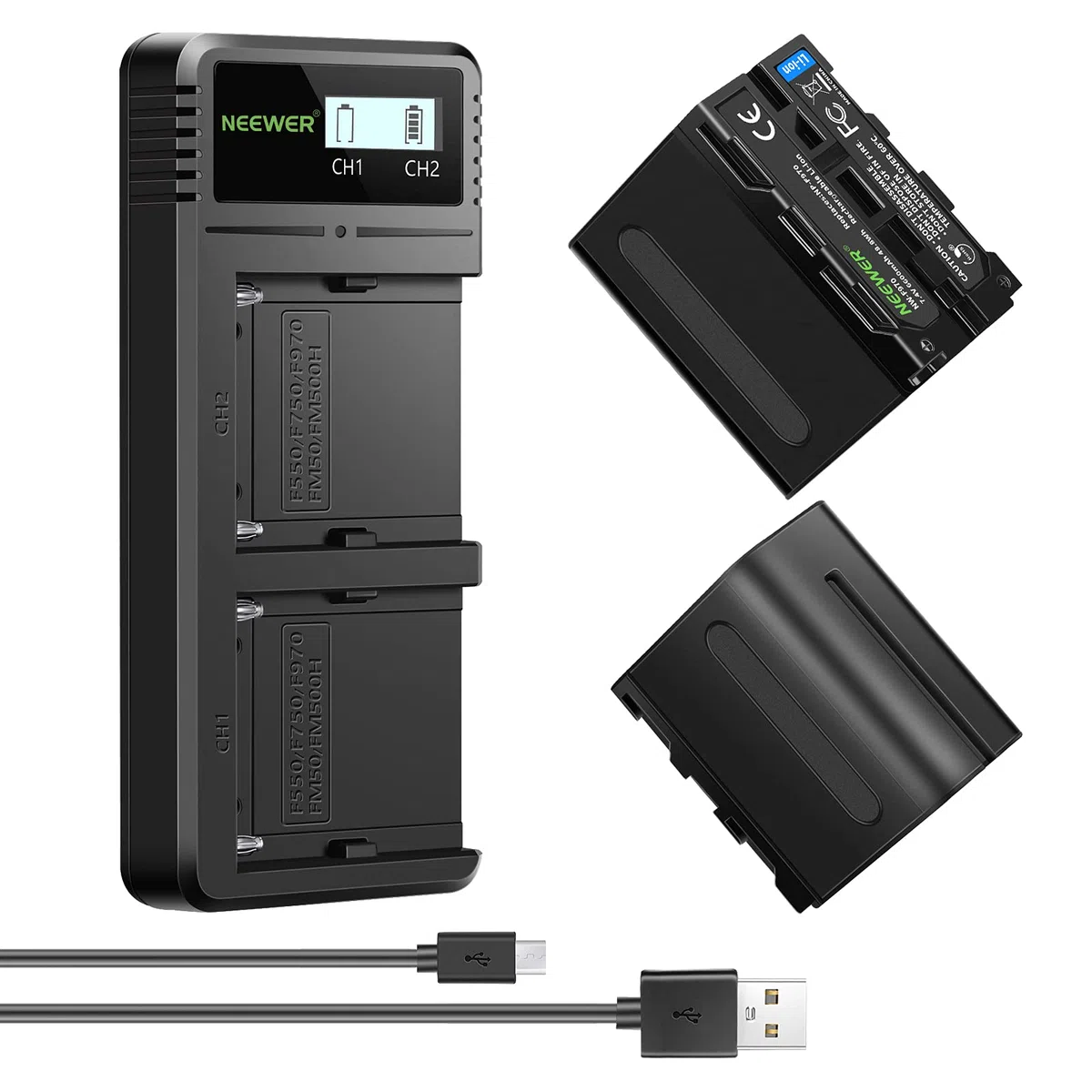 NEEWER Caricabatterie Rapido Dual USB con 2 Batterie NP-F970 di Ricambio da 6600 mAh, Compatibile con Sony NP-F970 F960 F950 F770 F750 F570 F550, Handycam e NEEWER Led Light, Monitor