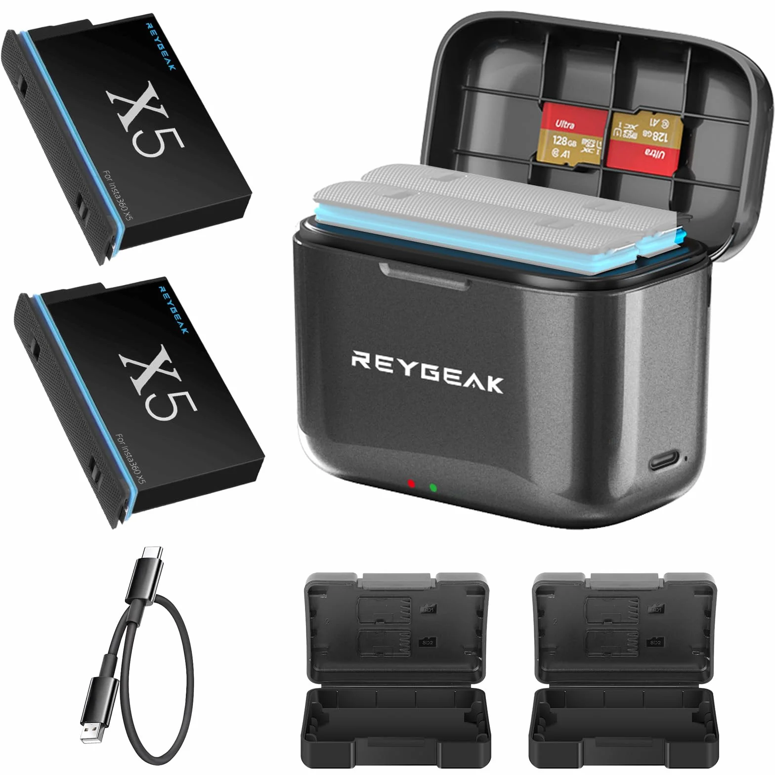 REYGEAK Batteria al litio ricaricabile per Insta-360 X5, 2 batterie da 2800 mAh ad alte prestazioni con caricatore per insta-360 X5 (caricatore + 2 batterie)