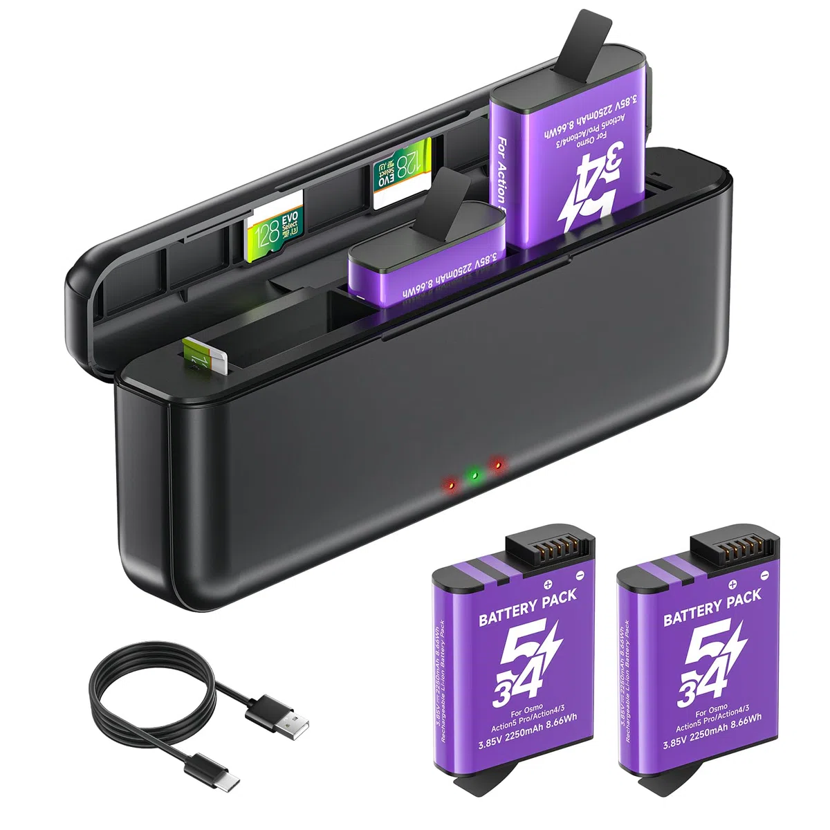 2Pcs Osmo Action 5 Pro Batteria Con Caricabatterie Per -DJI Osmo 360/Action 6/Action 5 Pro/Action 4 / Action 3, Caricabatterie e custodia di ricarica rapida USB con cavo di tipo C