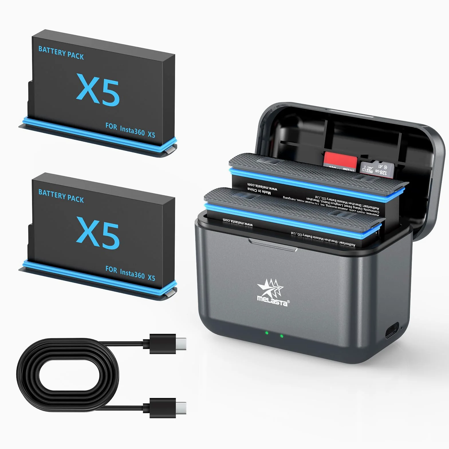 melasta per Insta360 x5 Batteria, con 2 Batterie agli ioni di litio (2800mAh) e 1 Caricabatterie, può Contenere Scheda SD