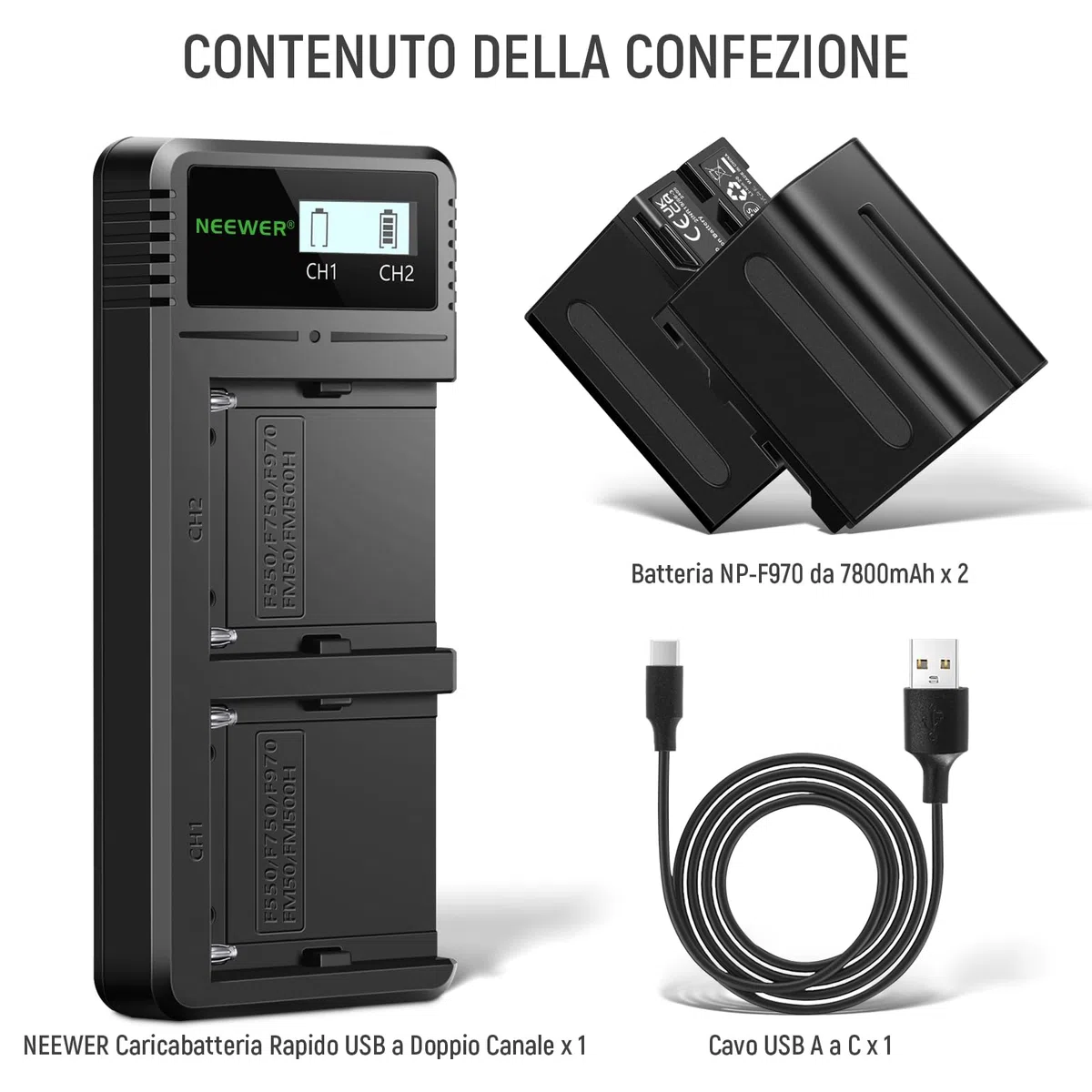 NEEWER NP-F970 Batterie di Ricambio 7800mAh, 2Pz, Caricatore Rapido con LCD e 2 USB C per Sony FX3/FX30/A7, per Canon R5, per Nikon Z8, Handycam, Luce LED, Monitor e Slider Motorizzato NEEWER
