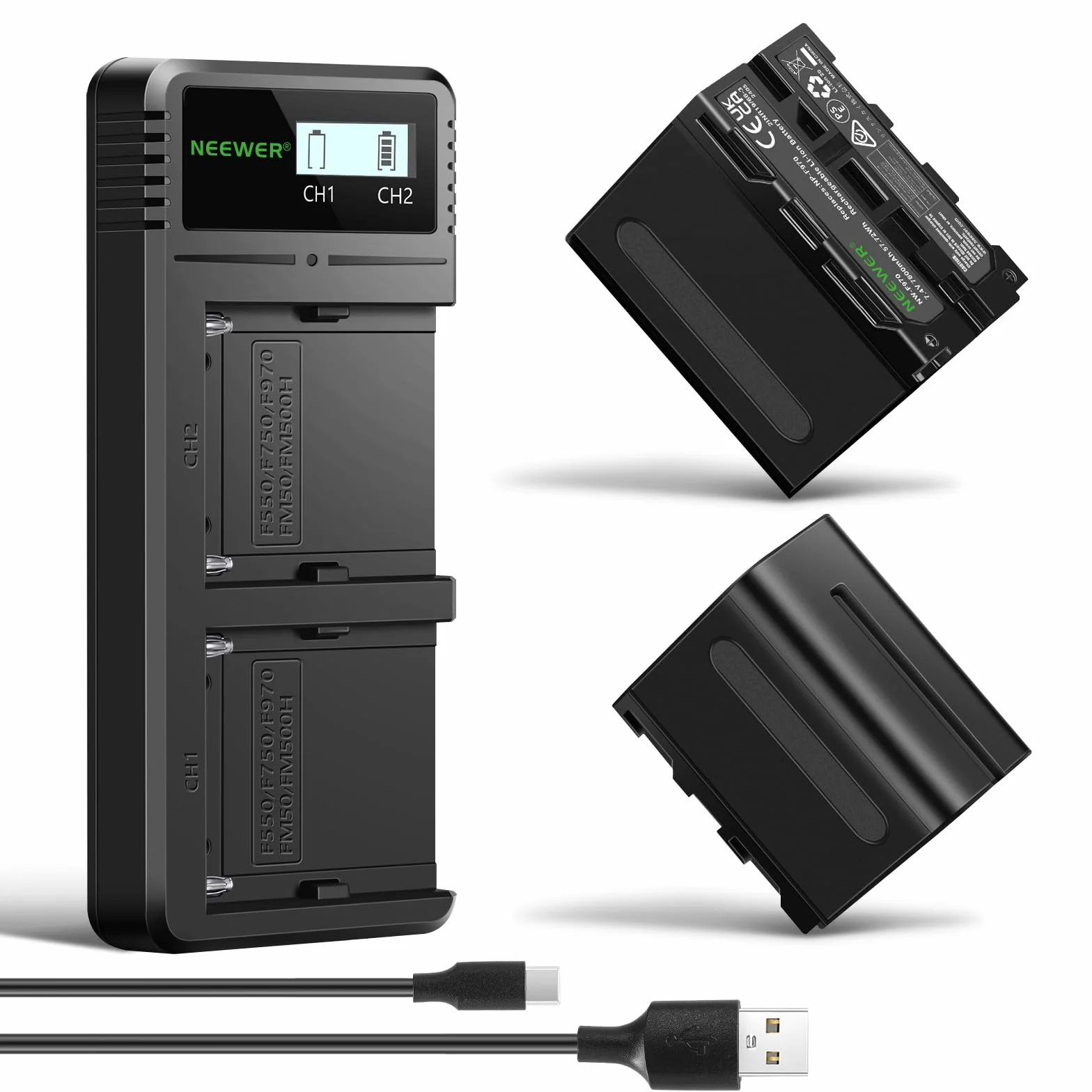NEEWER NP-F970 Batterie di Ricambio 7800mAh, 2Pz, Caricatore Rapido con LCD e 2 USB C per Sony FX3/FX30/A7, per Canon R5, per Nikon Z8, Handycam, Luce LED, Monitor e Slider Motorizzato NEEWER